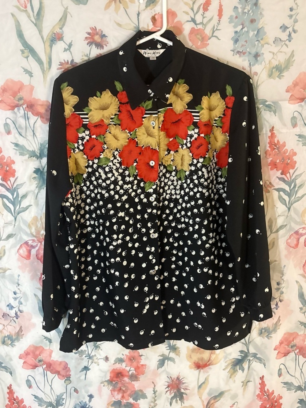 Vintage Black Blouse with Red & Gold Floral Yoke